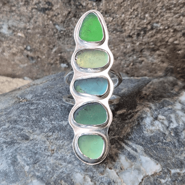 Size P Quintet of Sea Glass and Sterling Silver Ring