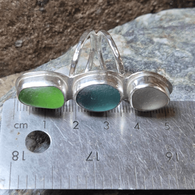 Size S Trio of Sea Glass and Sterling Silver Ring