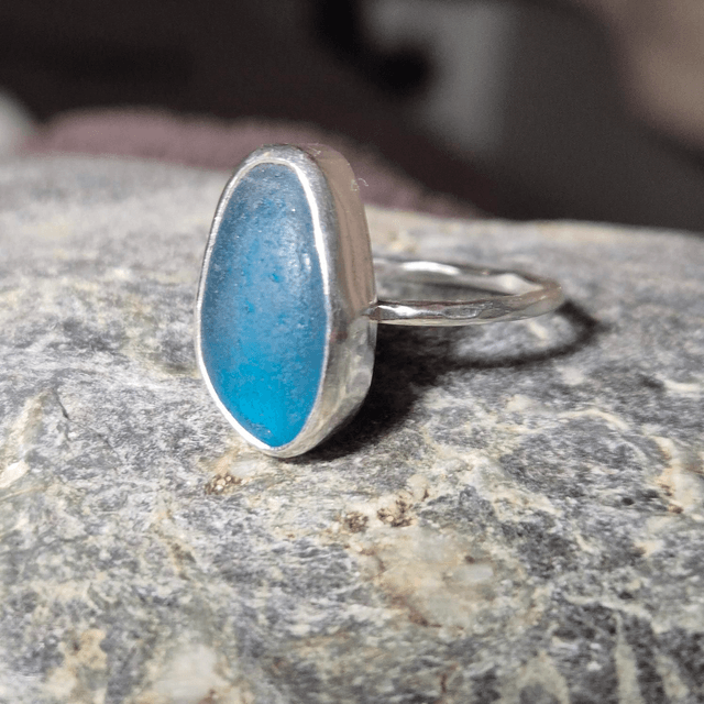 Size P Turquoise Sea Glass and Sterling Silver Ring Fully Hallmarked 