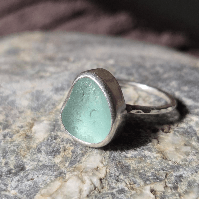 Size N Pale Aqua Sea Glass and Sterling Silver Ring Fully Hallmarked 