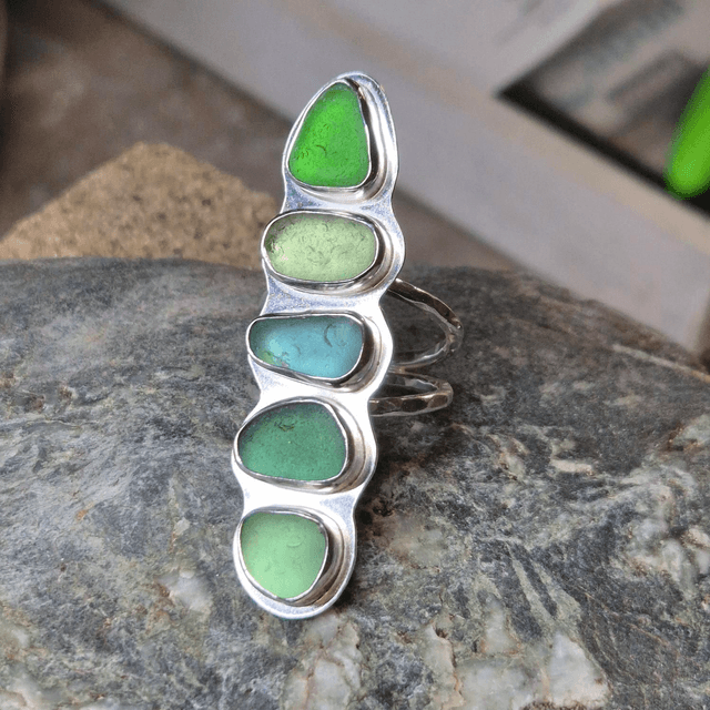 Size P Quintet of Sea Glass and Sterling Silver Ring
