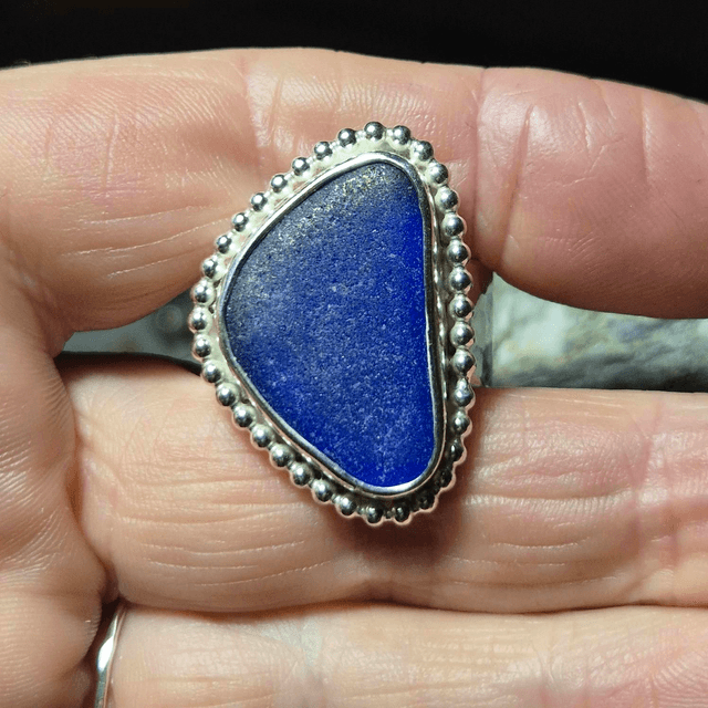 Size X Cobalt Blue Sea Glass and Sterling Silver Ring Fully Hallmarked 