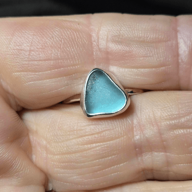 Size R Pale Aqua Sea Glass and Sterling Silver Ring Fully Hallmarked 