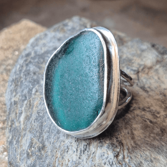 Size O Teal Sea Glass and Sterling Silver Ring