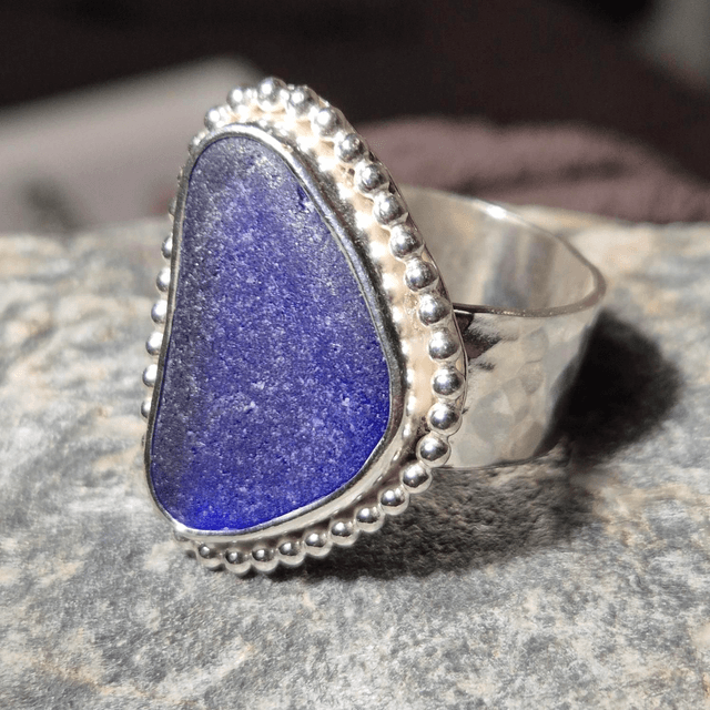 Size X Cobalt Blue Sea Glass and Sterling Silver Ring Fully Hallmarked 