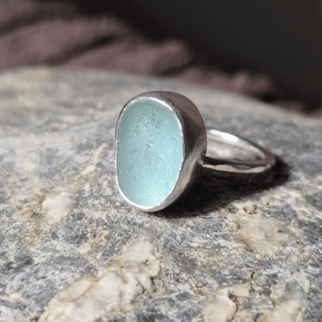 Size M Pale Aqua Sea Glass and Sterling Silver Ring Fully Hallmarked 