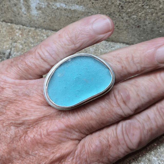 Size O Sea Glass and Sterling Silver Ring 