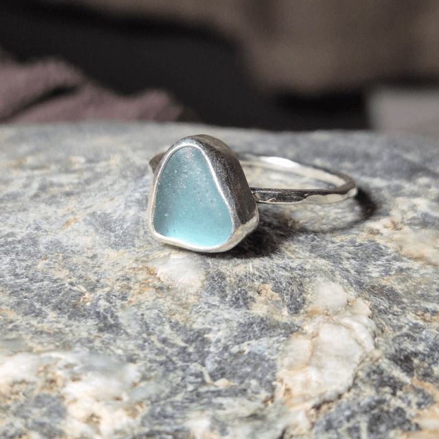 Size R Pale Aqua Sea Glass and Sterling Silver Ring Fully Hallmarked 