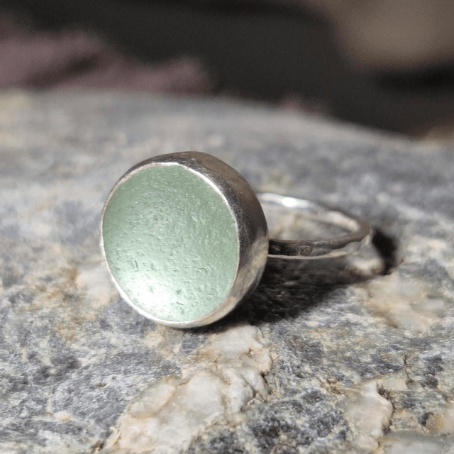Size N Pale Aqua Codd Marble Sea Glass and Sterling Silver Ring Fully Hallmarked 