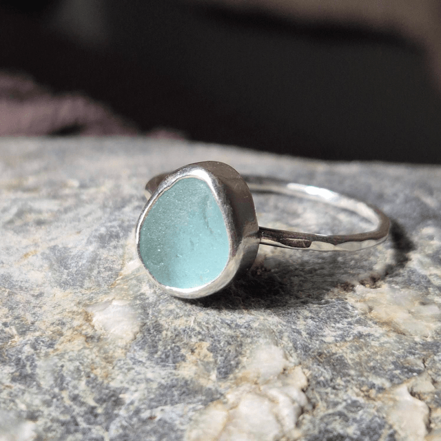 Size W Pale Aqua Sea Glass and Sterling Silver Ring Fully Hallmarked 