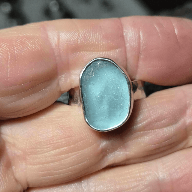 Size S Pale Aqua Sea Glass and Sterling Silver Ring Fully Hallmarked 