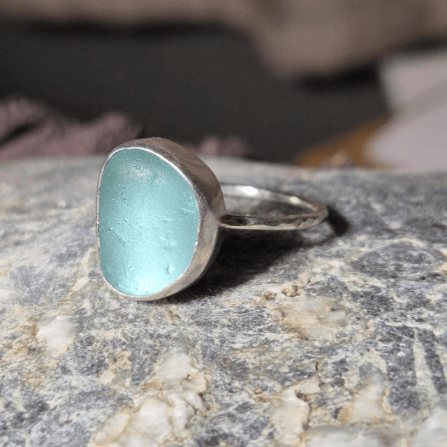 Size V Pale Aqua Sea Glass and Sterling Silver Ring Fully Hallmarked 