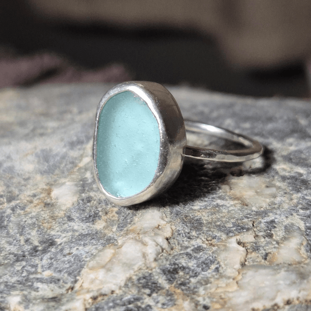 Size Q Pale Aqua Sea Glass and Sterling Silver Ring Fully Hallmarked 