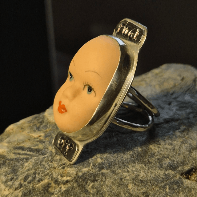 Vintage Ceramic Doll's Head and Sterling Silver Ring 