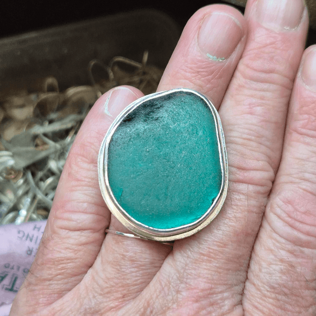 Size O Teal Sea Glass and Sterling Silver Ring