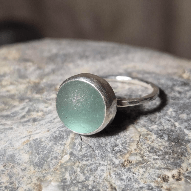 Size O Pale Aqua Codd Marble Sea Glass and Sterling Silver Ring Fully Hallmarked 