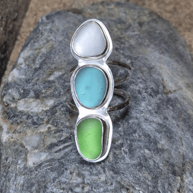 Size S Trio of Sea Glass and Sterling Silver Ring