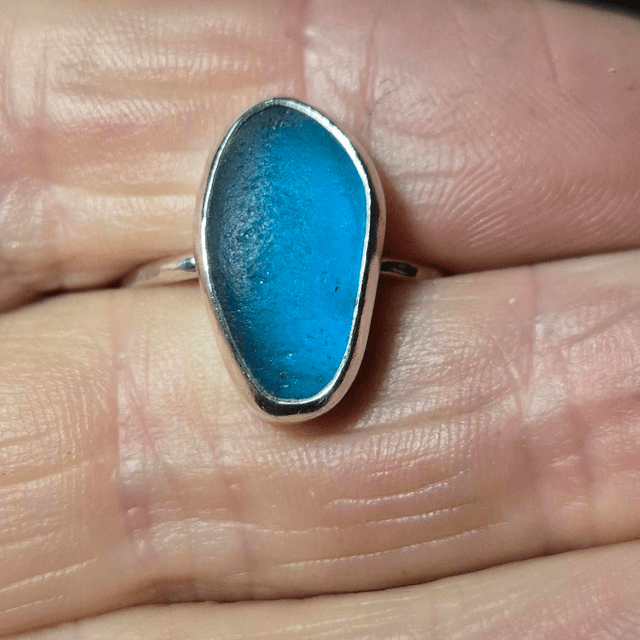Size P Turquoise Sea Glass and Sterling Silver Ring Fully Hallmarked 
