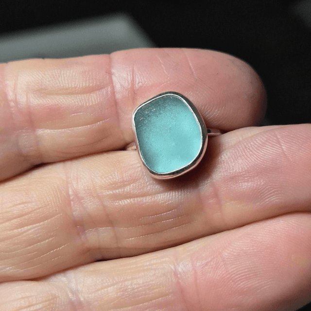 Size L Sea Glass and Sterling Silver Ring Fully Hallmarked 