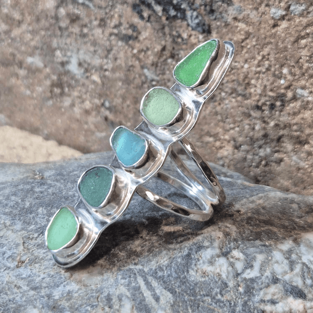 Size P Quintet of Sea Glass and Sterling Silver Ring