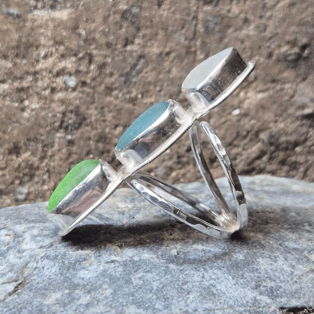 Size S Trio of Sea Glass and Sterling Silver Ring