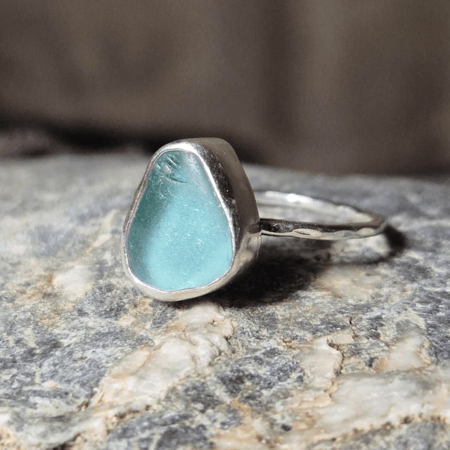 Size X Pale Aqua Sea Glass and Sterling Silver Ring Fully Hallmarked 