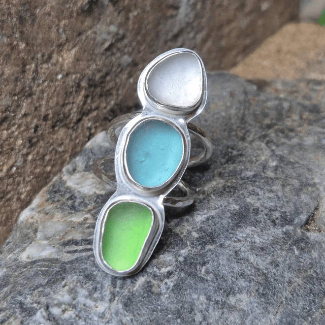 Size S Trio of Sea Glass and Sterling Silver Ring