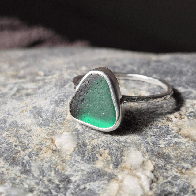 Size P Greeny Blue Sea Glass and Sterling Silver Ring Fully Hallmarked 