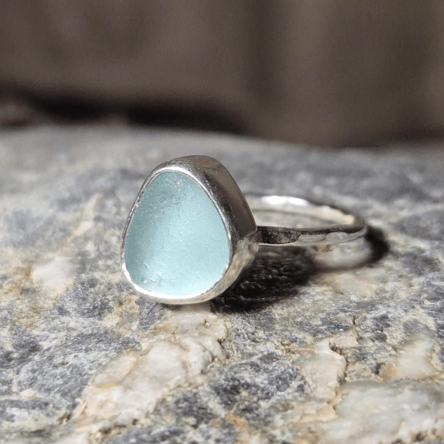Size N Pale Aqua Sea Glass and Sterling Silver Ring Fully Hallmarked 
