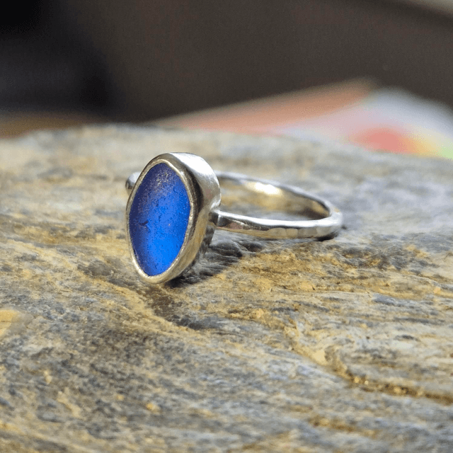 Size M Cobalt Blue Sea Glass and Sterling Silver Ring 