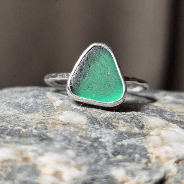 Size P Greeny Blue Sea Glass and Sterling Silver Ring Fully Hallmarked 