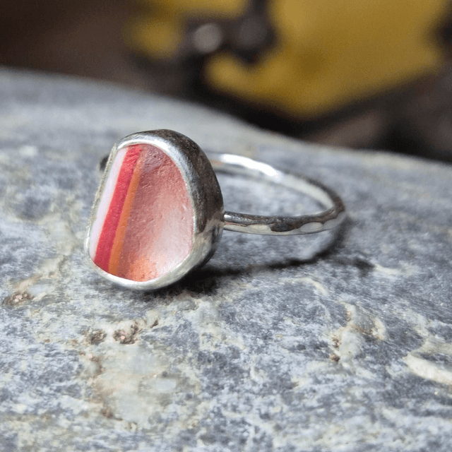 Size Q Multicoloured Sea Glass and Sterling Silver Ring Fully Hallmarked 