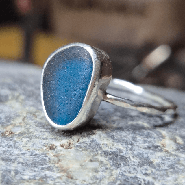 Size Y Deep Turquoise Sea Glass and Sterling Silver Ring Fully Hallmarked 