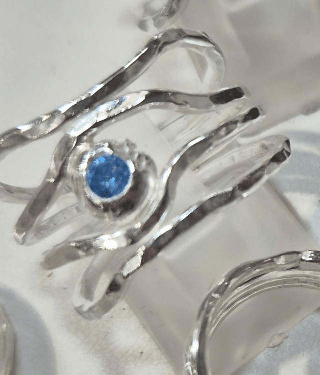 4 x 1.5mm Multi Strand Sterling Silver Ring with Hammered Texture and 3mm Blue Cubic Zirconia