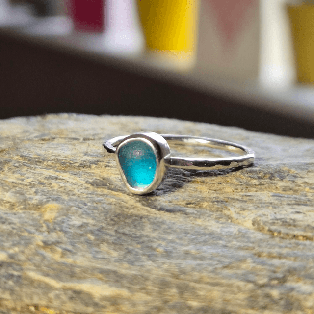 Size U Turquoise Sea Glass and Sterling Silver Ring 