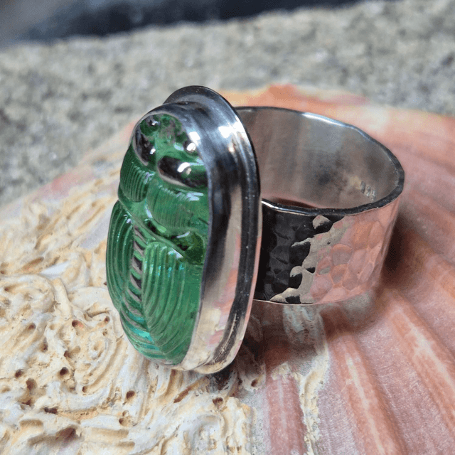 Size W Scarab Glass Button and Sterling Silver Ring
