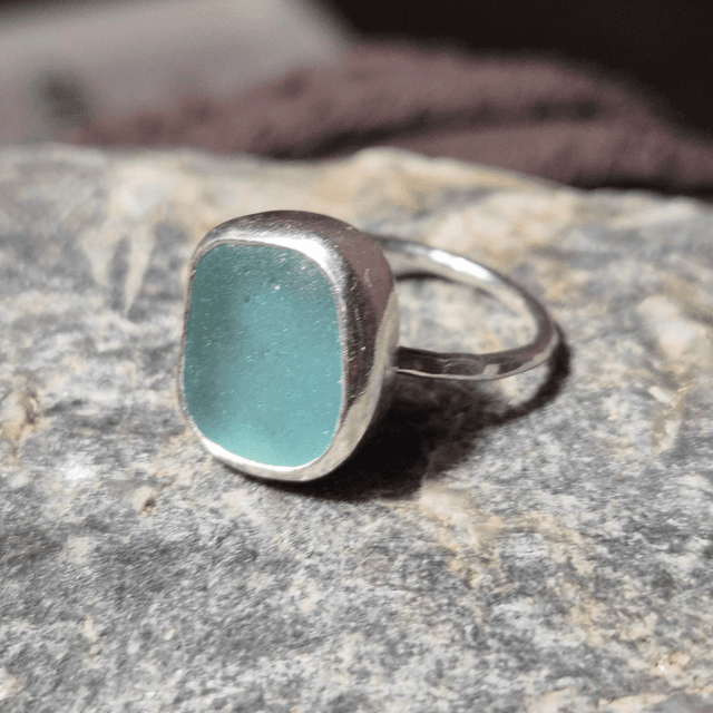 Size L Sea Glass and Sterling Silver Ring Fully Hallmarked 
