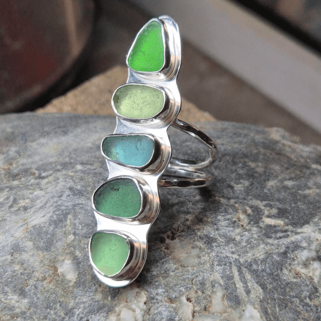 Size P Quintet of Sea Glass and Sterling Silver Ring